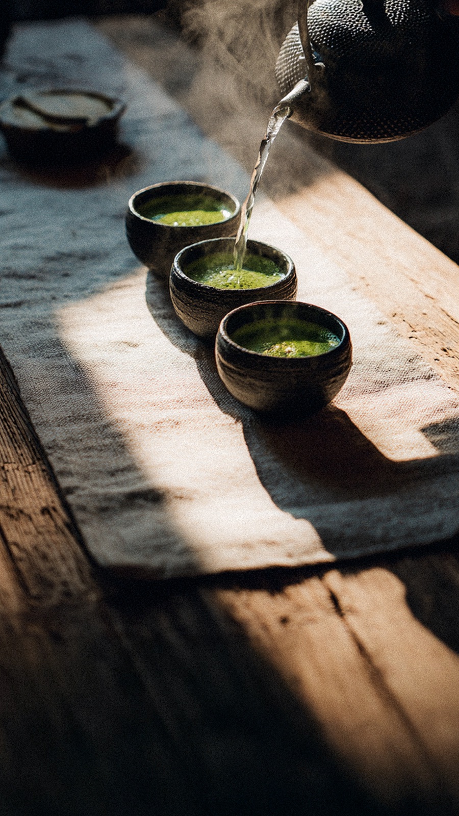 Matcha poured into three ceramic cups